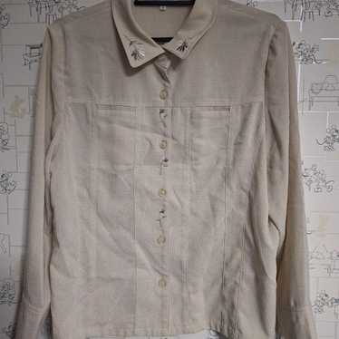 Beige long-sleeve shirt with collar embroidery, v… - image 1