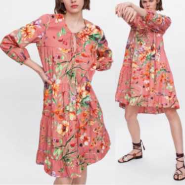 Zara Pink Tiered Floral Print Long Sleeve Dressl - image 1