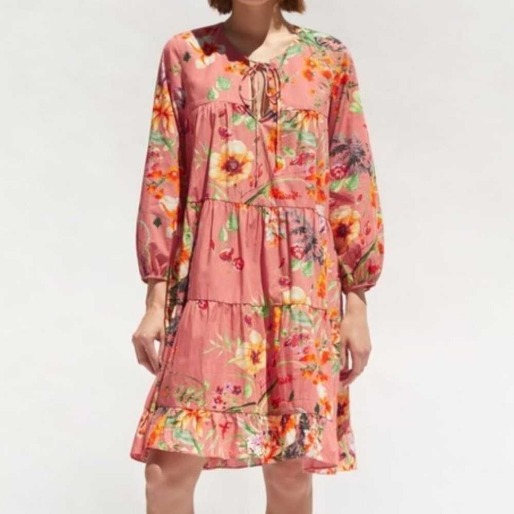 Zara Pink Tiered Floral Print Long Sleeve Dressl - image 2