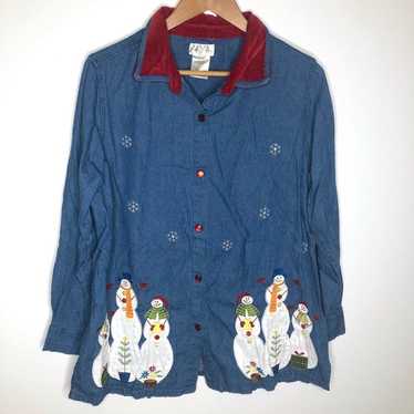 Bobbie Brooks Woman Denim Snowman Christmas Shirt