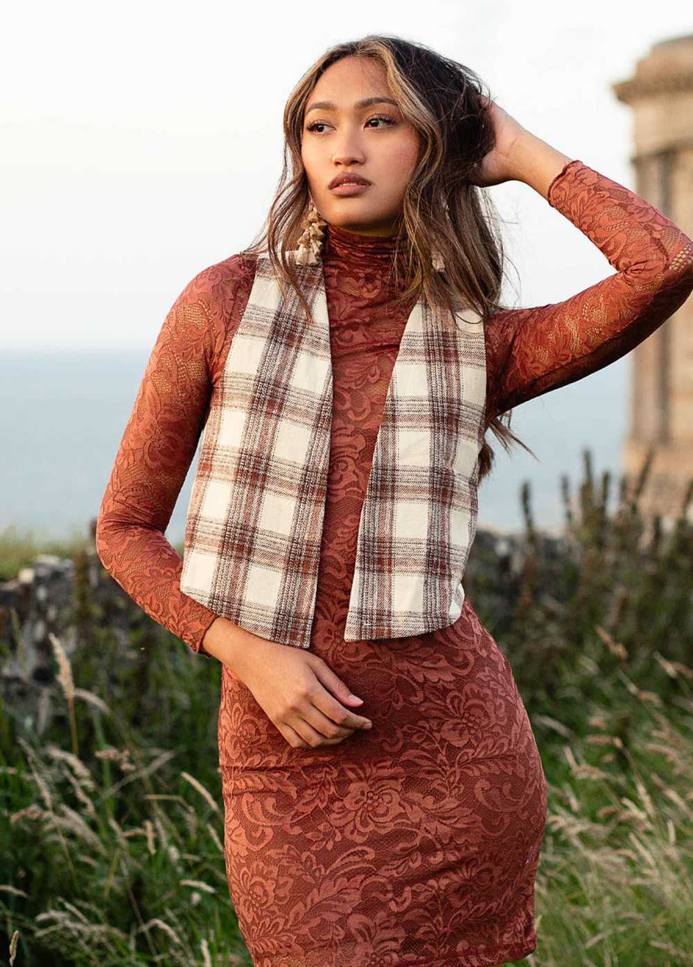 Joyfolie Mikah Vest in Ecru Plaid - image 2