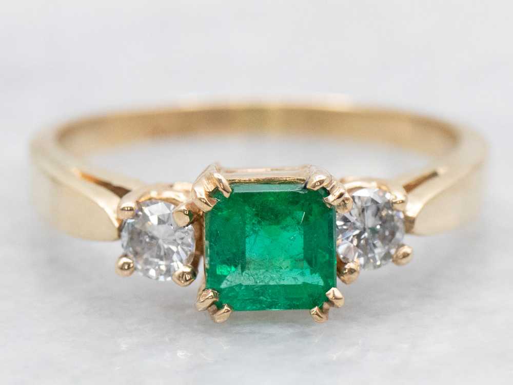 Emerald and Diamond Three Stone Ring in Yellow Go… - image 1