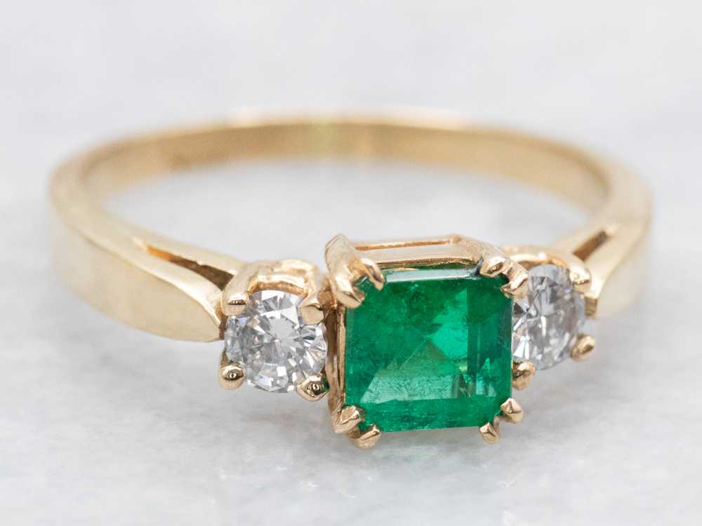 Emerald and Diamond Three Stone Ring in Yellow Go… - image 2