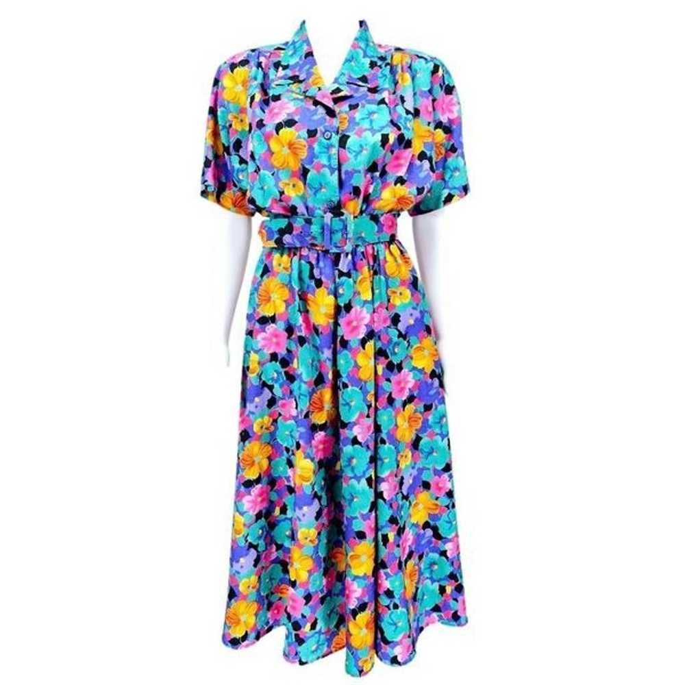 Vintage 80s Floral Maxi A-Line Belted Dress 6 - image 1