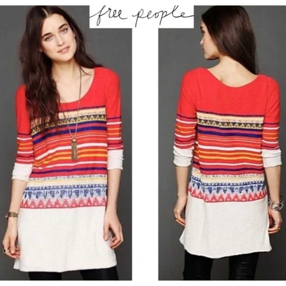 Free People Alpine Stripe Red Boho Aztec Long Sle… - image 1