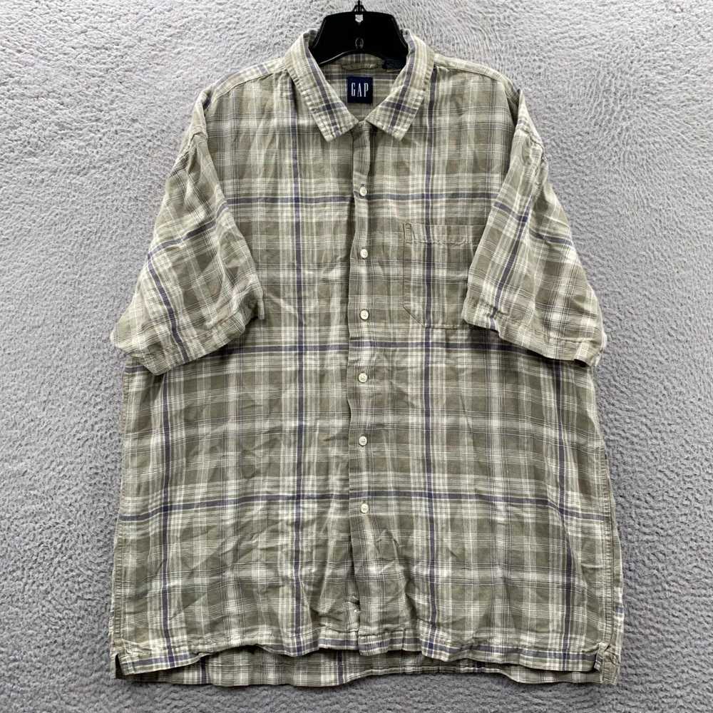 Gap Unique Mens Button Up Green Gray Plaid Linen … - image 1