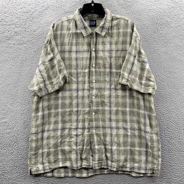 Gap Unique Mens Button Up Green Gray Plaid Linen … - image 1