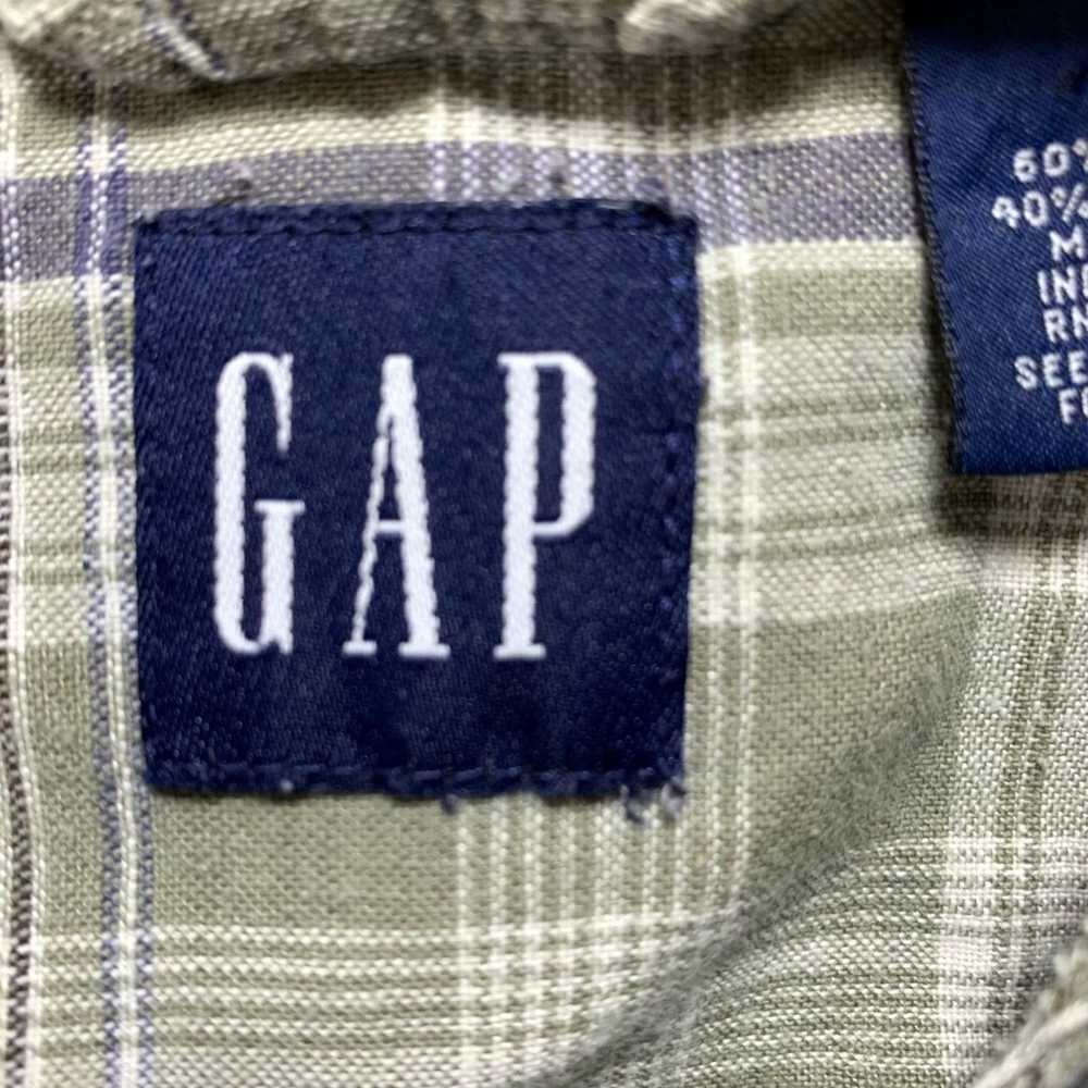 Gap Unique Mens Button Up Green Gray Plaid Linen … - image 3