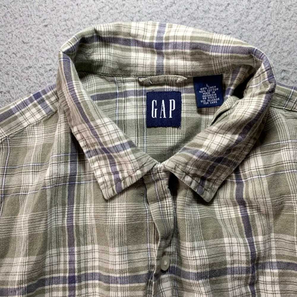 Gap Unique Mens Button Up Green Gray Plaid Linen … - image 7