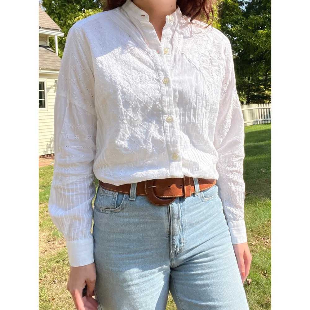 Vintage White Patchwork Eyelet Button Front Blouse - image 2