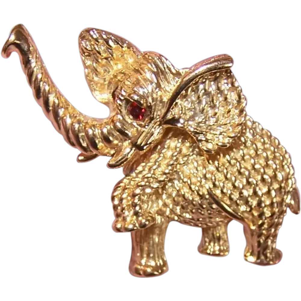 Trifari Gold Tone Metal Red Rhinestone Elephant T… - image 1