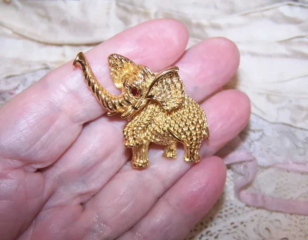 Trifari Gold Tone Metal Red Rhinestone Elephant T… - image 3