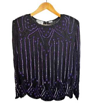 Vintage Scala Silk Blouse Black Purple Beading Se… - image 1