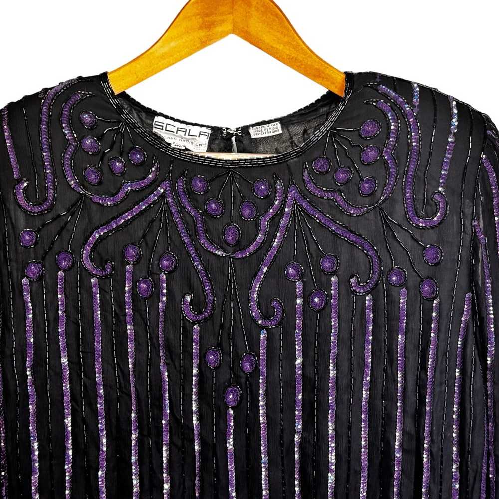 Vintage Scala Silk Blouse Black Purple Beading Se… - image 2