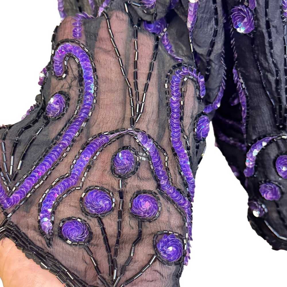 Vintage Scala Silk Blouse Black Purple Beading Se… - image 3