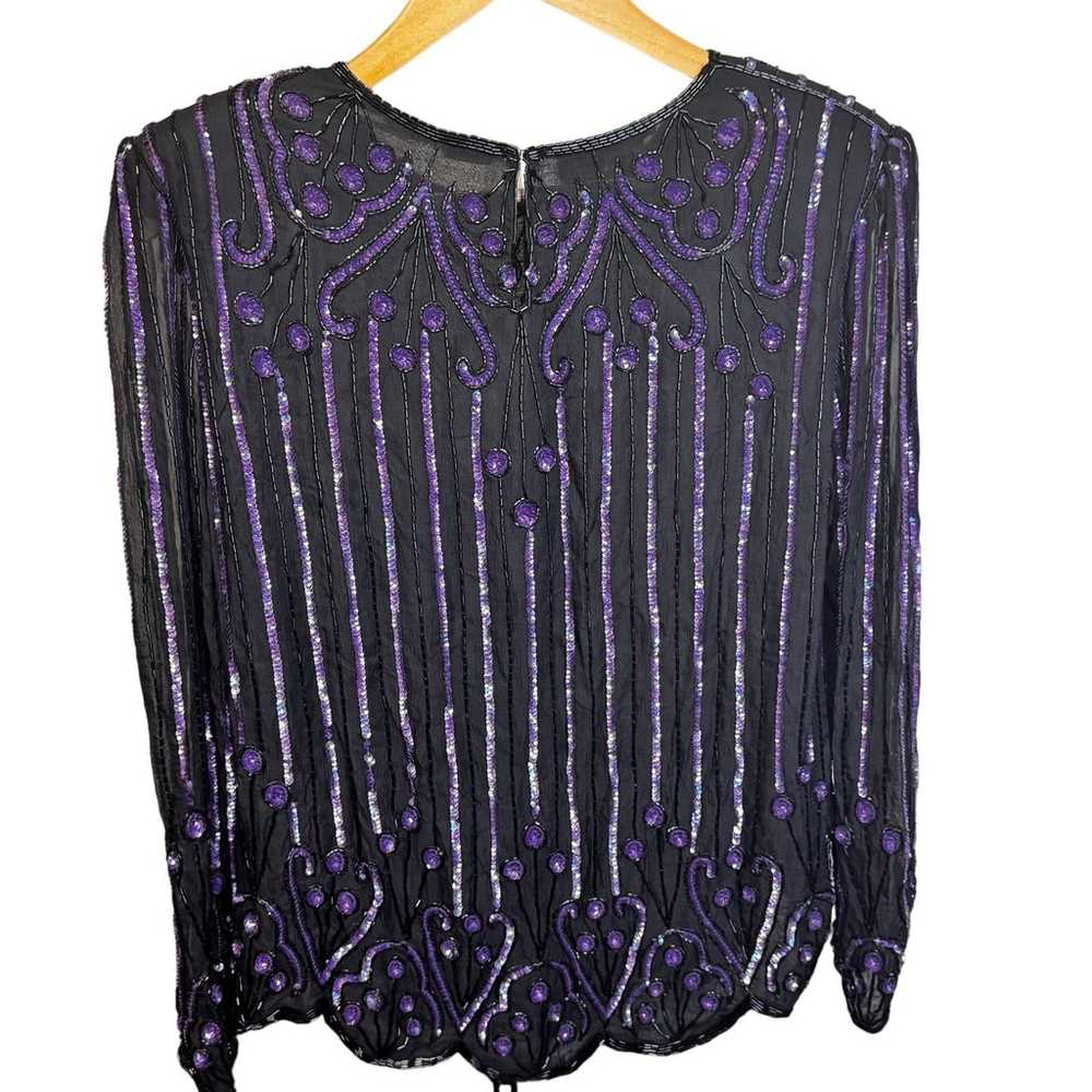 Vintage Scala Silk Blouse Black Purple Beading Se… - image 6