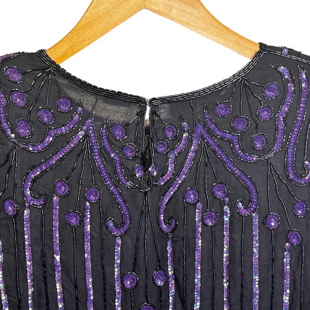 Vintage Scala Silk Blouse Black Purple Beading Se… - image 7