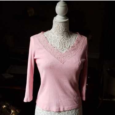 Vintage Y2K Ralph Lauren pink lace ribbed top L - image 1