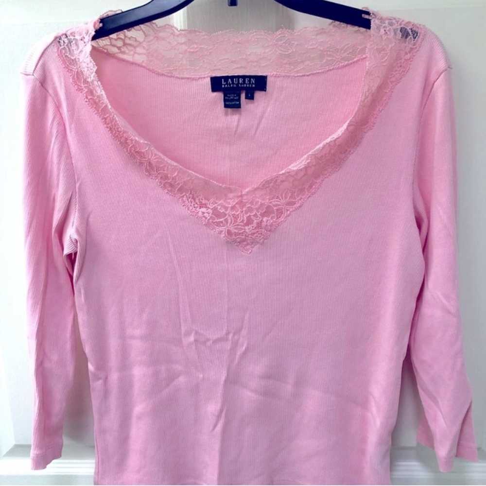 Vintage Y2K Ralph Lauren pink lace ribbed top L - image 3