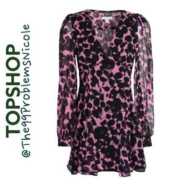 Topshop V-neck printed mini dress in pink and blac