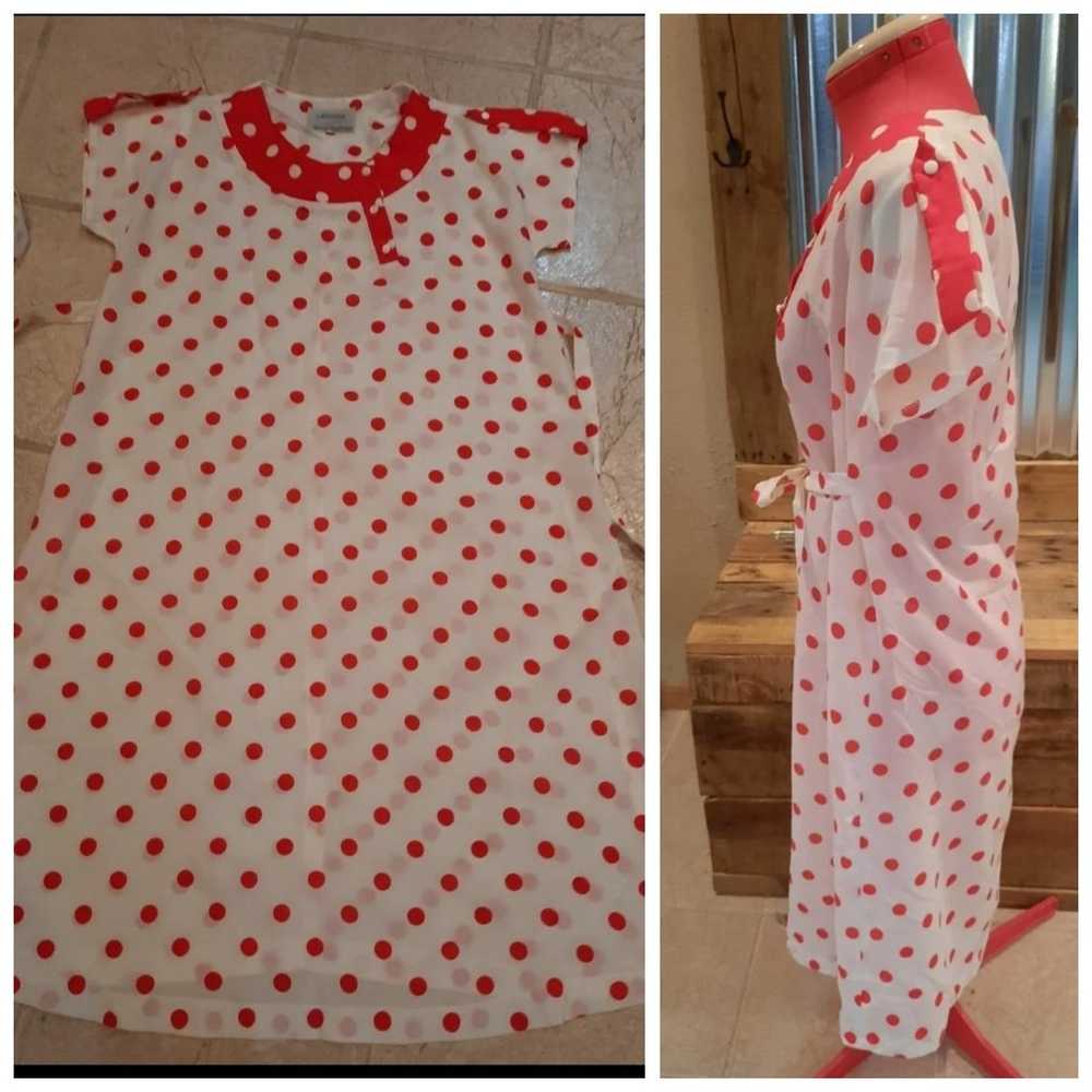 Vtg 60s day Dress sz M-L red polka dot Lucy - image 2