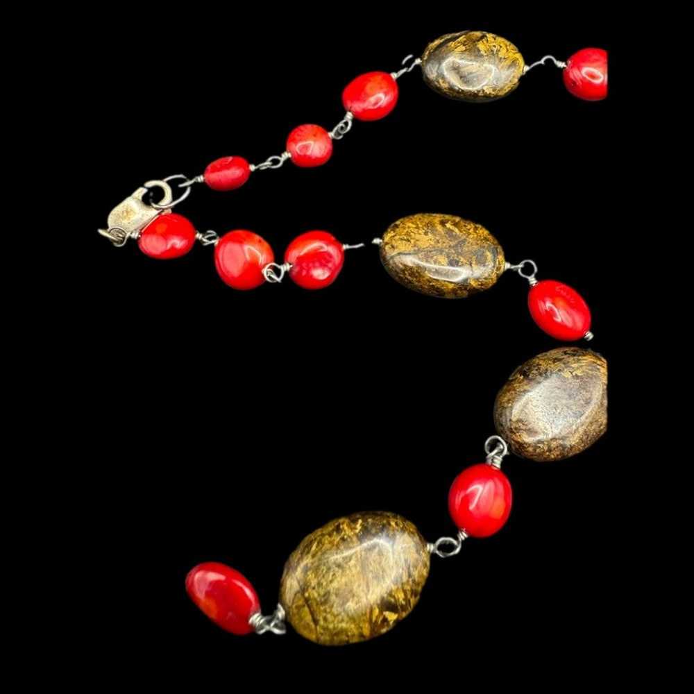 Vintage Sterling Coral Tiger Eye Necklace Tiger E… - image 2