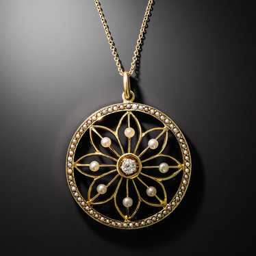 Victorian Seed Pearl and Diamond Daisy Pendant