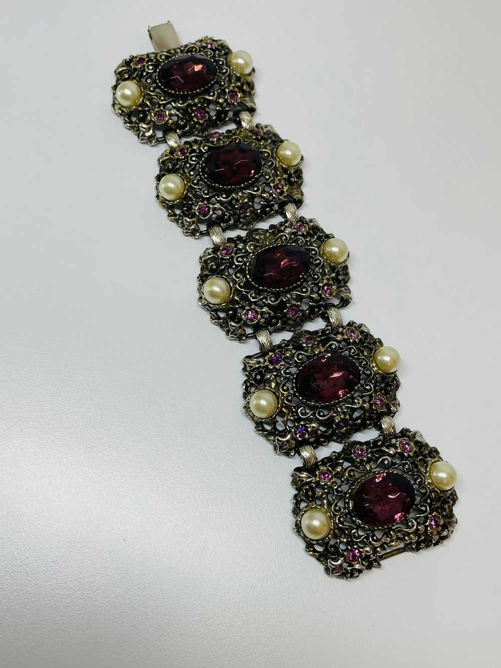 Wide Purple Rhinestone and Pearl Panel Bracelet - image 1