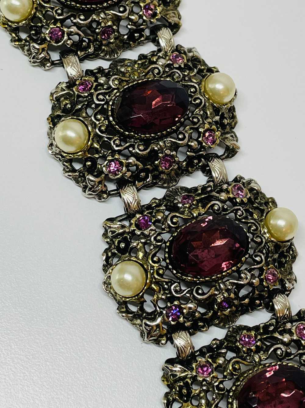 Wide Purple Rhinestone and Pearl Panel Bracelet - image 2