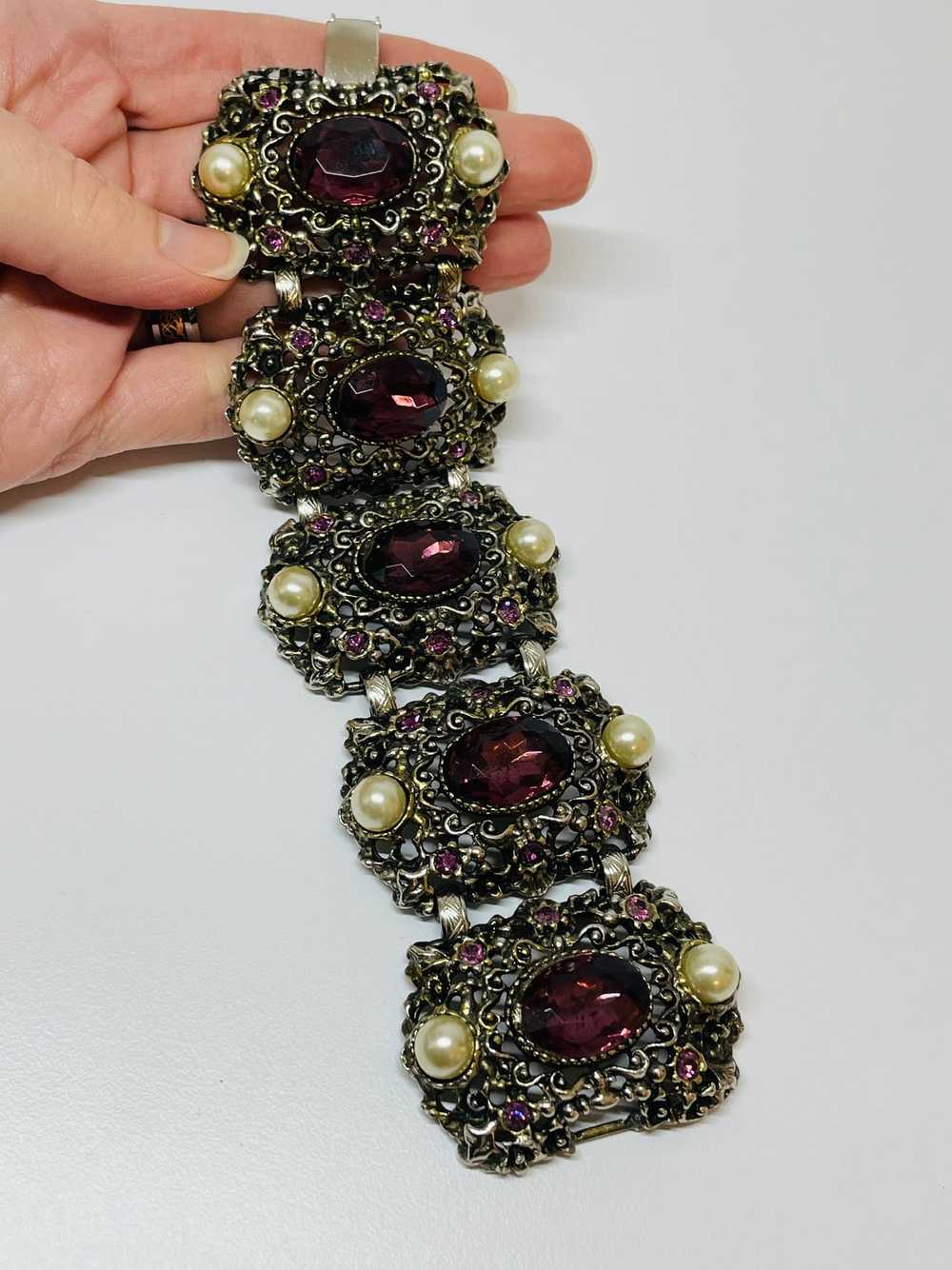 Wide Purple Rhinestone and Pearl Panel Bracelet - image 4