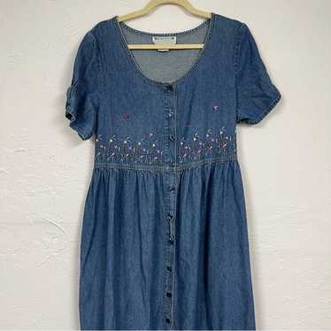 Vintage Blue Denim Jean Midi Dress Womens 14 Embro