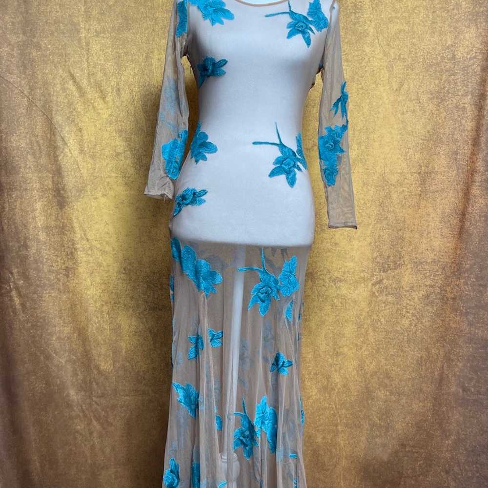 Blue flower see through long lace dress - image 2