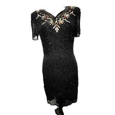 Vintage Black Sequin Beaded Silk Cocktail Dress S… - image 1