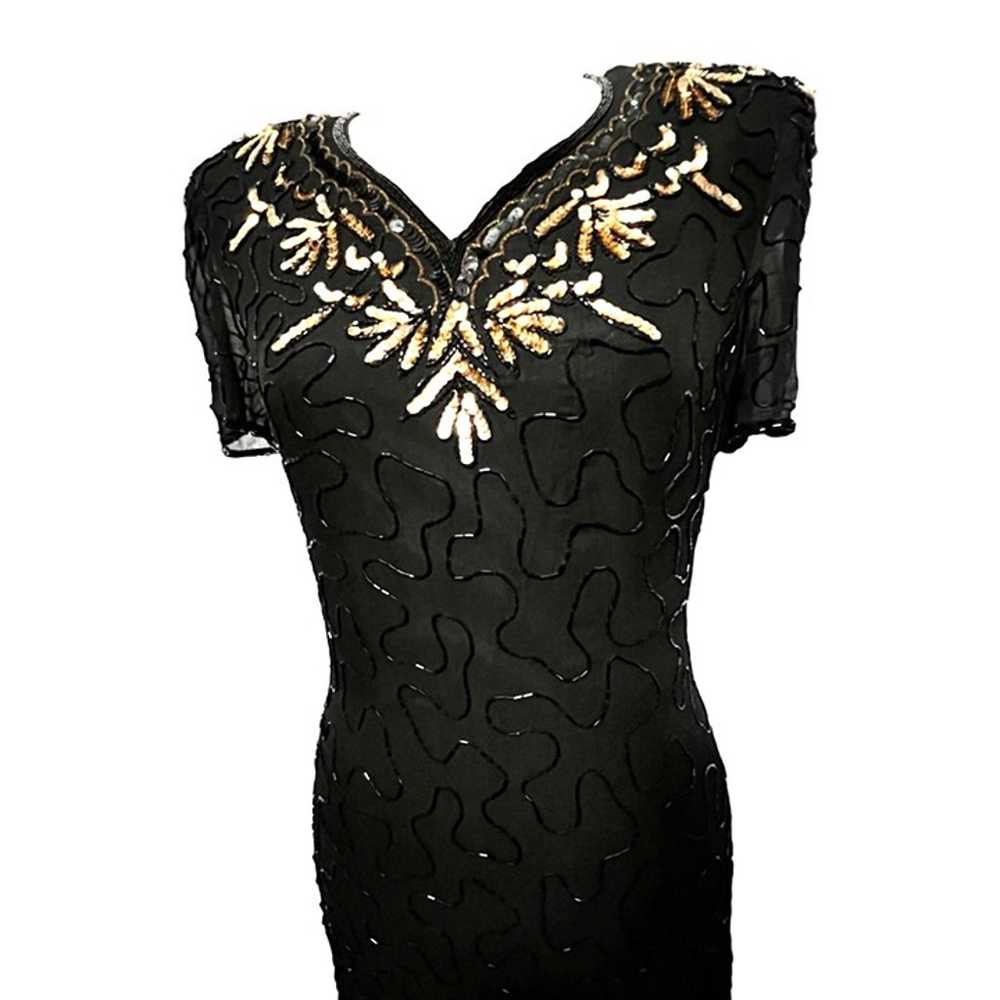 Vintage Black Sequin Beaded Silk Cocktail Dress S… - image 3