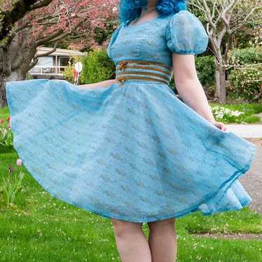 50s Vintage Teal Puff Sleeve Dress with Ribbon ac… - image 1