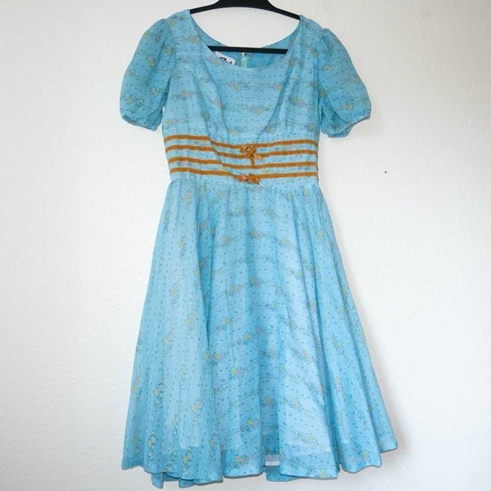 50s Vintage Teal Puff Sleeve Dress with Ribbon ac… - image 2