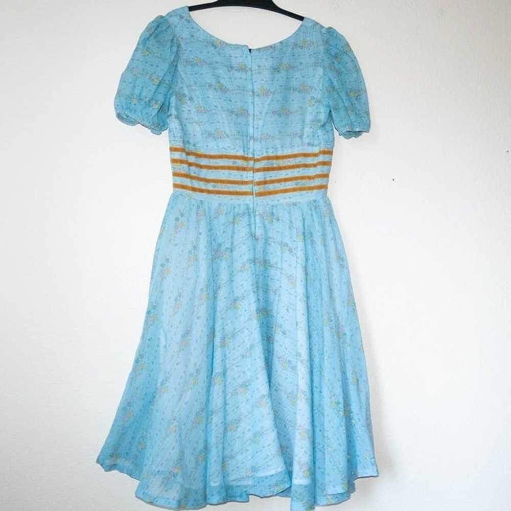 50s Vintage Teal Puff Sleeve Dress with Ribbon ac… - image 5