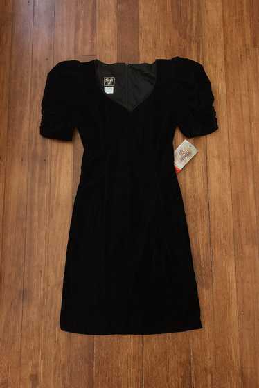 1980's BLACK VELVET PUFF SLEEVE DRESS | SIZE S