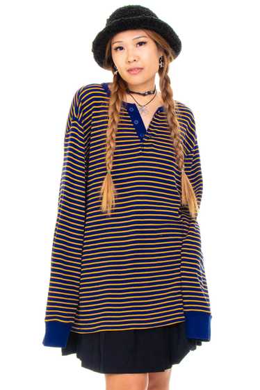 Vintage Y2K Blue & Yellow Striped Thermal Long-Sle