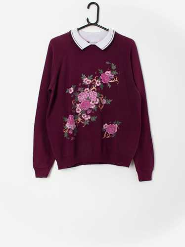 Floral sweatshirt 90s sweater plum collared pullov