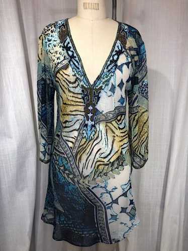 Vintage Y2K Blue Beaded Animal Print Tunic