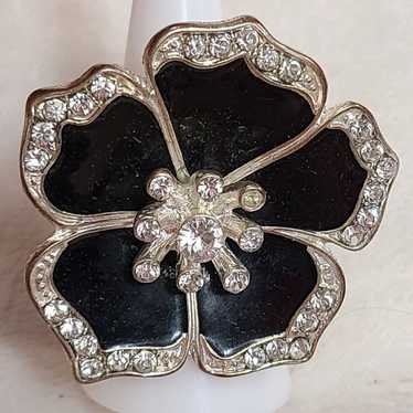 Vintage Black Flower Stretch Ring With Clear Ston… - image 1