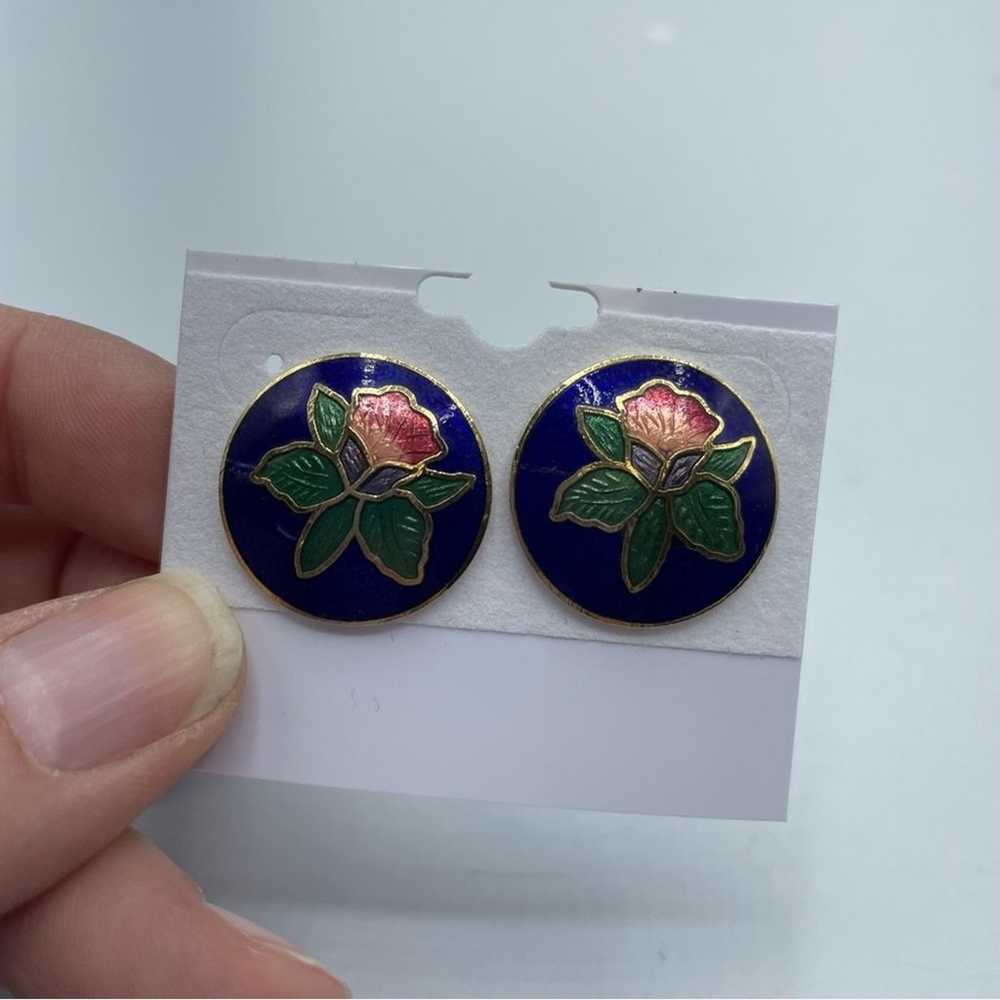 Vintage Enamel Cloisonné Blue & Pink Flower Studd… - image 1