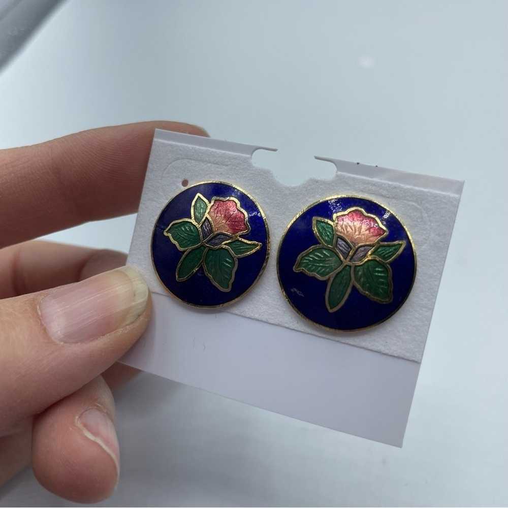 Vintage Enamel Cloisonné Blue & Pink Flower Studd… - image 2