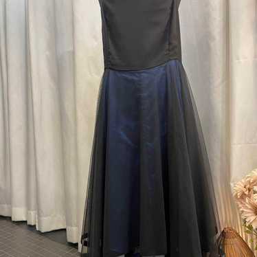 Black and blue strapless party dress