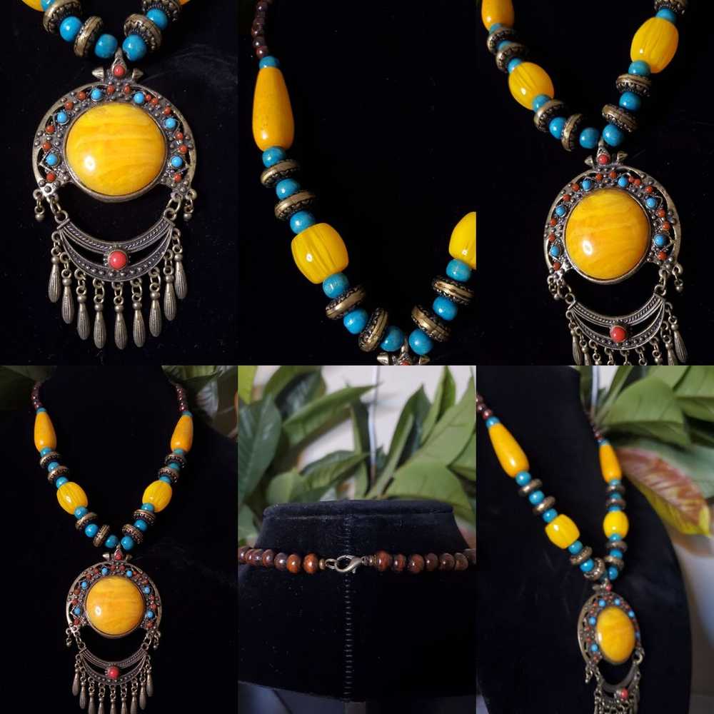 Vintage Ethnic Wood Beaded Turquoise Necklace - image 1