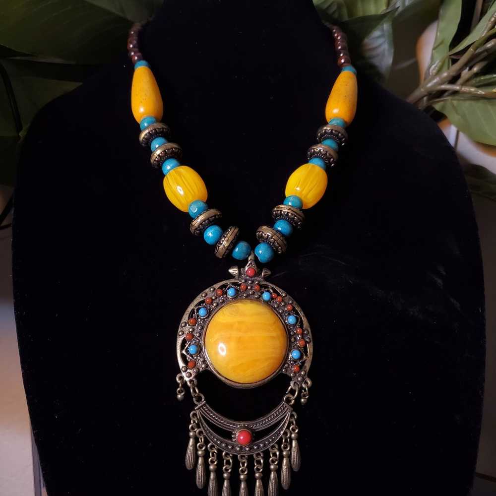 Vintage Ethnic Wood Beaded Turquoise Necklace - image 2