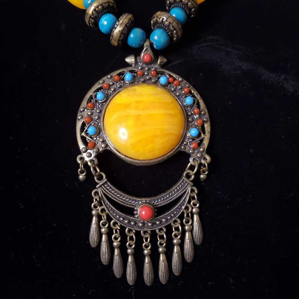 Vintage Ethnic Wood Beaded Turquoise Necklace - image 3