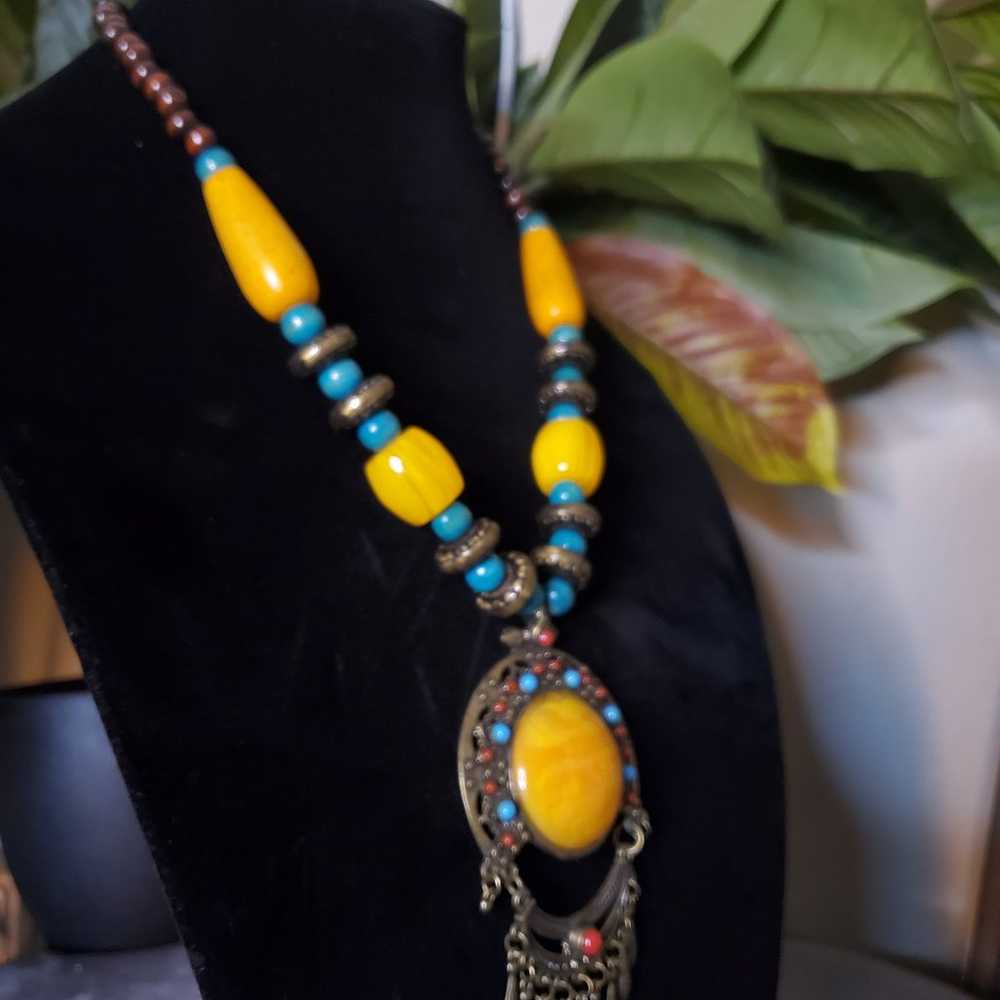 Vintage Ethnic Wood Beaded Turquoise Necklace - image 4