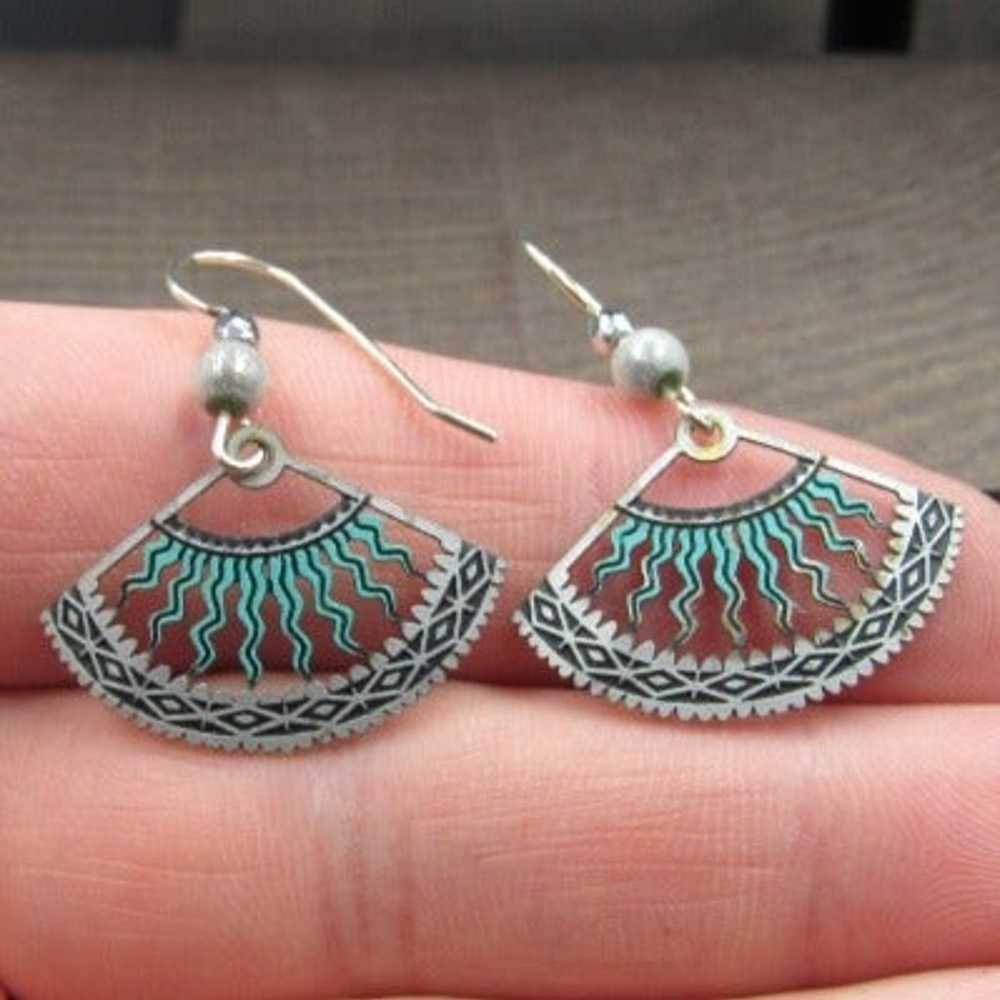 Silver Tone Unique Asian Fan Style Earrings Vinta… - image 1